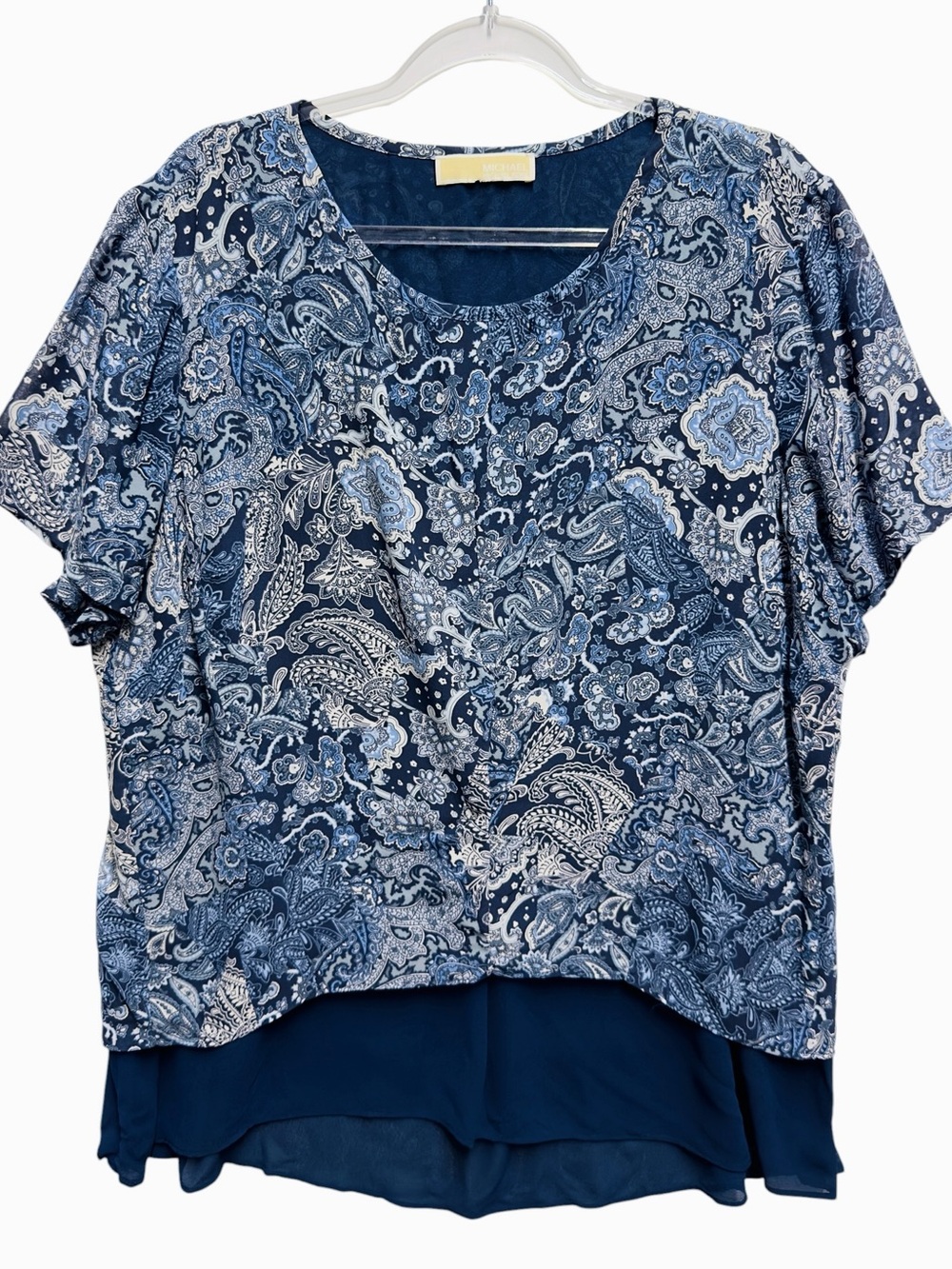 Silky Chiffon Satin Knit Paisley Floral Abstract Layered Blouse Top